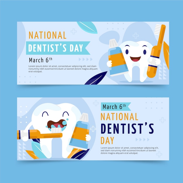 Gratis vector platte nationale tandartsendag horizontale banners set