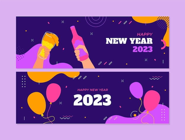 Platte nieuwe jaar 2023 horizontale banners set