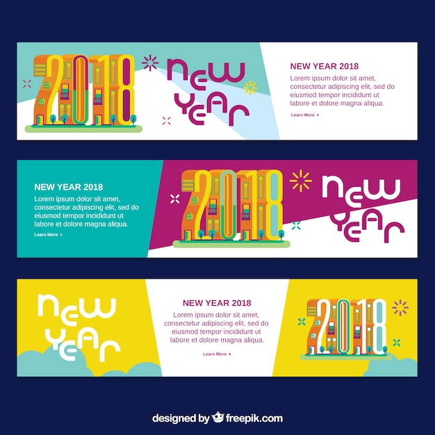 Gratis vector platte nieuwe jaarfeest banners in felle kleuren