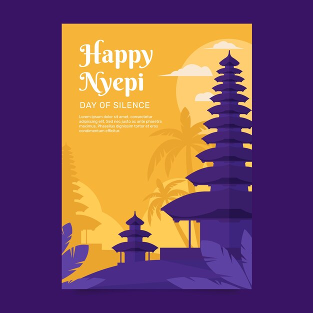 Gratis vector platte nyepi-wenskaartsjabloon