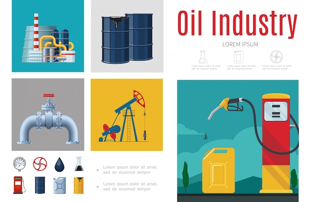 Gratis vector platte olie-industrie infographic sjabloon met raffinaderij plant booreiland gaspijpleiding station brandstofpomp busvaten