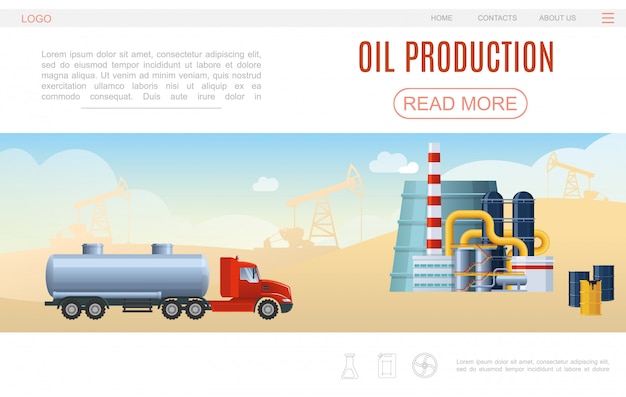 Gratis vector platte olie-industrie webpagina sjabloon met tankwagen petrochemische plant vaten booreilanden silhouetten