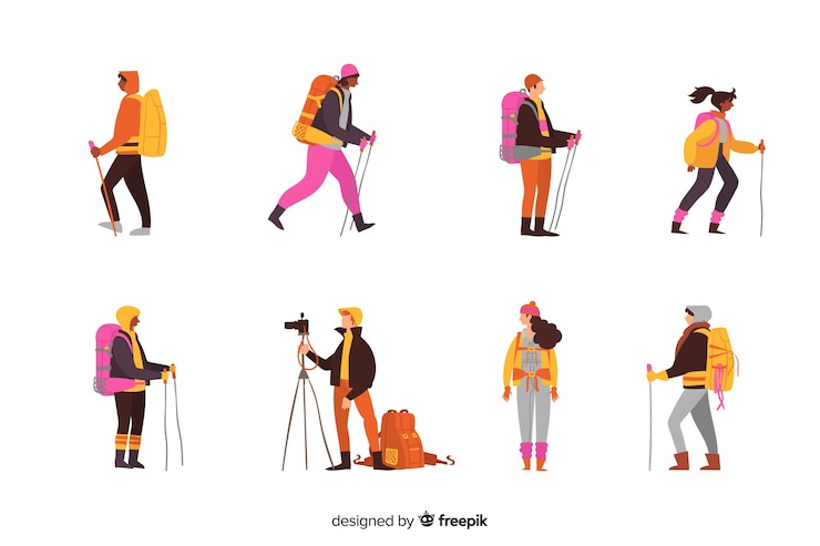 Gratis Vector platte ontdekkingsreiziger met rugzakcollectie