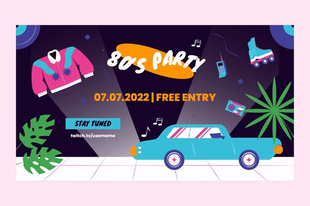 Gratis vector platte ontwerp 80s feest met auto twitch achtergrond