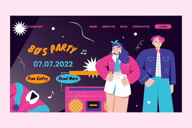 Gratis vector platte ontwerp 80s feest websjabloon