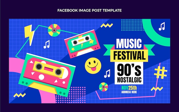Platte ontwerp 90s muziekfestival facebook bericht