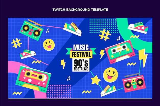 Gratis vector platte ontwerp 90s muziekfestival twitch achtergrond