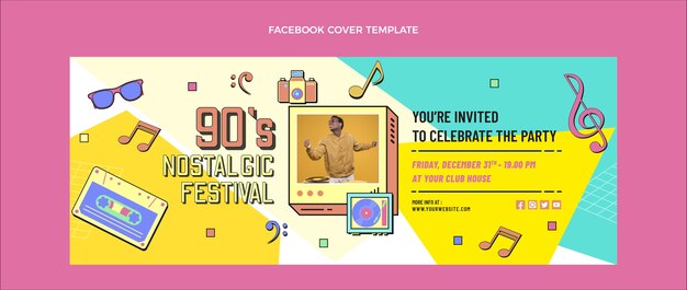 Platte ontwerp 90s nostalgische muziekfestival facebook cover