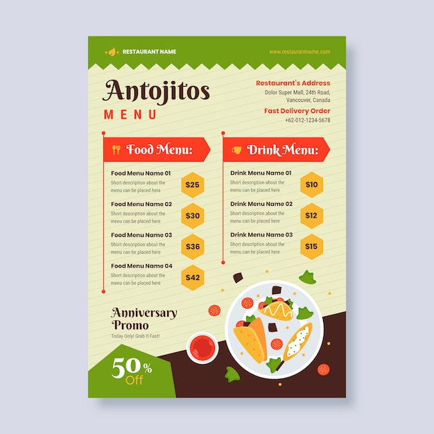 Gratis vector platte ontwerp antojitos menu ontwerpsjabloon