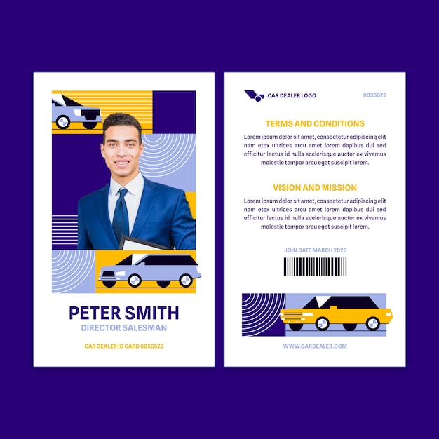 Gratis vector platte ontwerp autodealer identiteitskaart