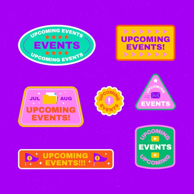 Gratis vector platte ontwerp badges voor aankomende evenementen