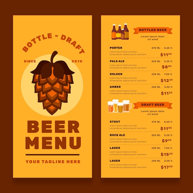 Gratis vector platte ontwerp bier menusjabloon