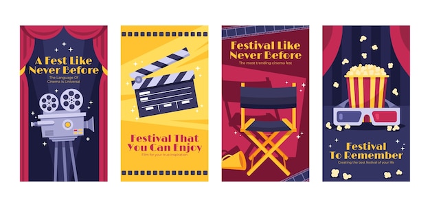 Gratis vector platte ontwerp bioscoop festival instagram verhalen set