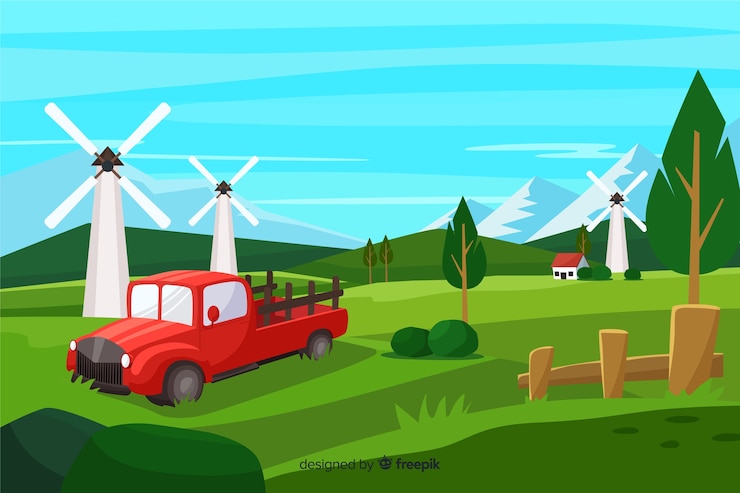 Gratis Vector platte ontwerp boerderij landschap-achtergrond