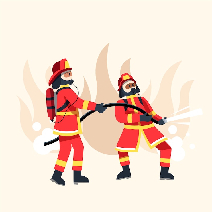 Gratis Vector platte ontwerp brandweerlieden blussen van een brand