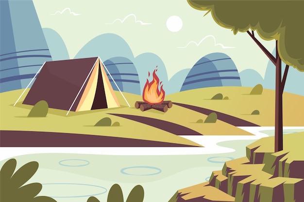 Platte ontwerp camping landschap met tent en kampvuur