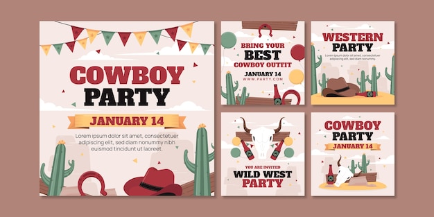 Gratis vector platte ontwerp cowboyfeest instagram-berichten