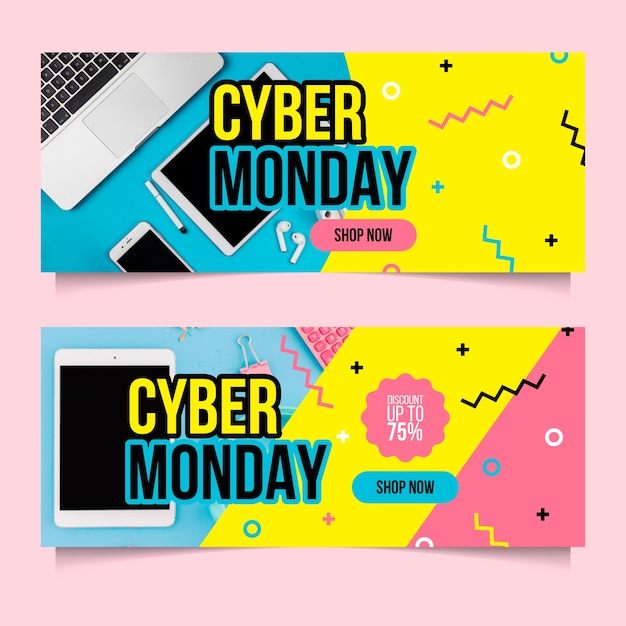 Gratis vector platte ontwerp cyber maandag banners met foto