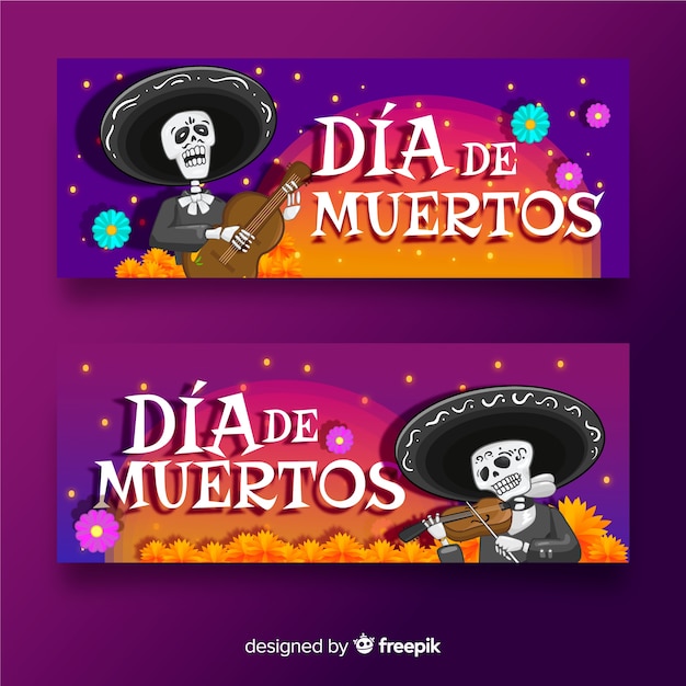 Platte ontwerp día de muertos banners sjabloon