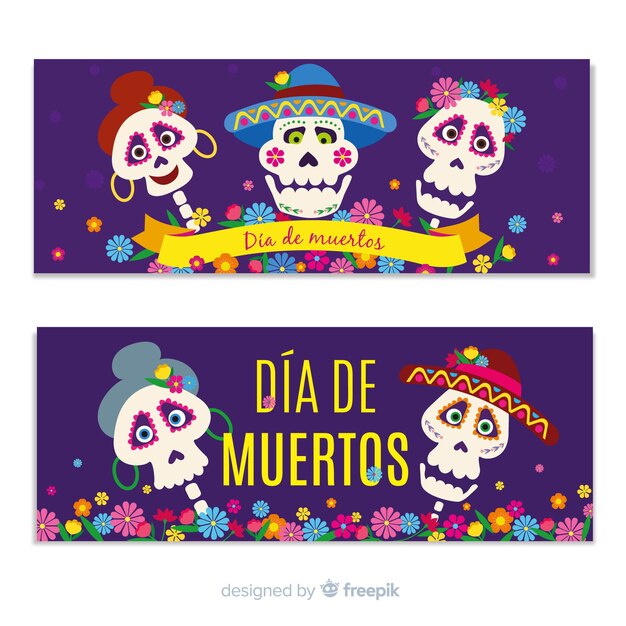 Platte ontwerp día de muertos banners