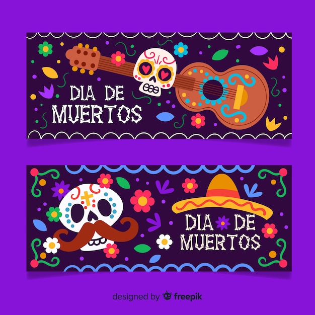 Platte ontwerp día de muertos banners