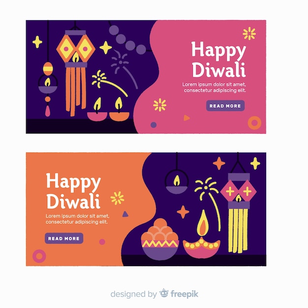 Platte ontwerp diwali webbanners met kaarsen