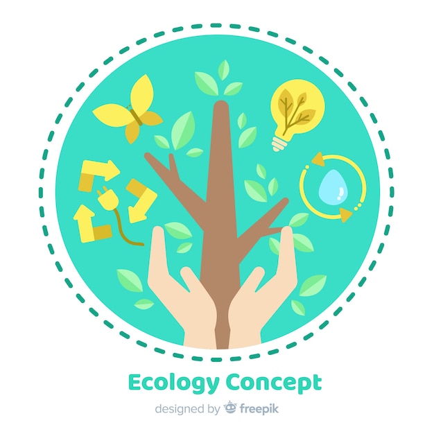 Gratis vector platte ontwerp ecologie concept met natuurlijke elementen