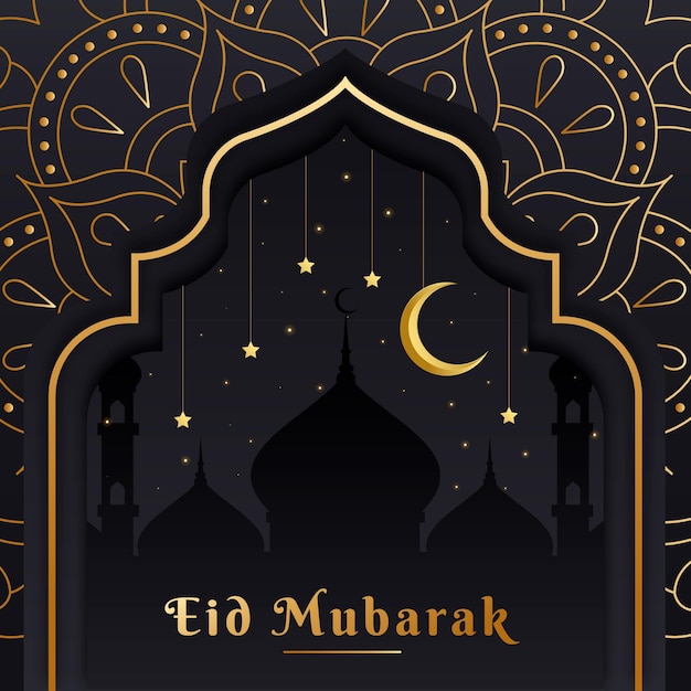 Platte ontwerp eid mubarak met maan over moskee