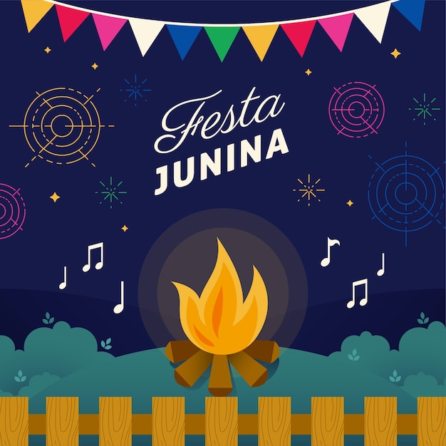 Platte ontwerp festa junina achtergrond met kampvuur