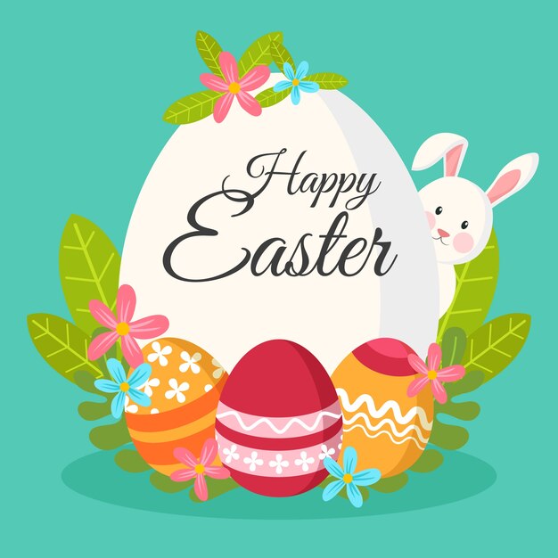Platte ontwerp gelukkig Pasen dag konijn verstopt achter groot ei