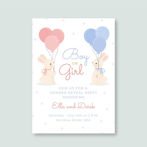 Platte ontwerp gender reveal uitnodigingssjabloon