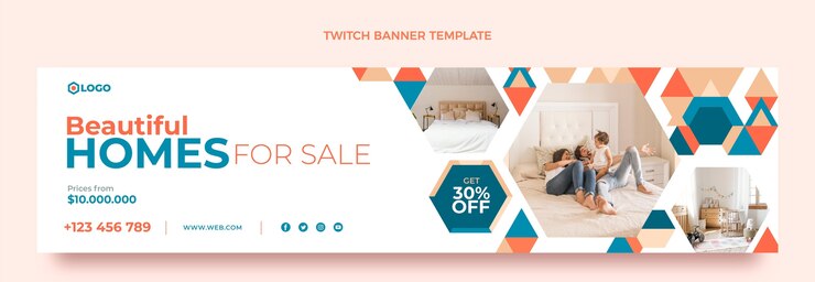 Gratis Vector platte ontwerp geometrische onroerend goed twitch banner