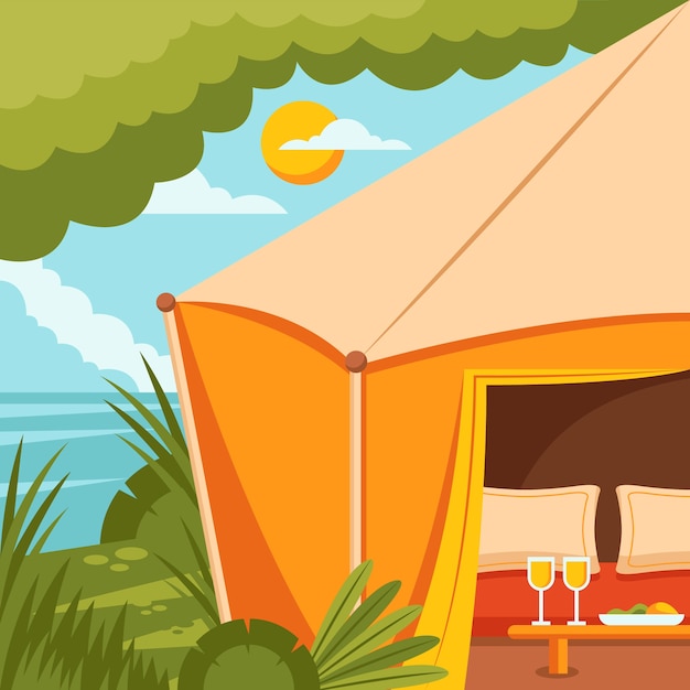 Platte ontwerp glamping illustratie