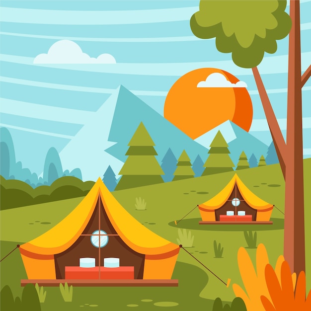 Gratis vector platte ontwerp glamping illustratie