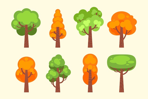 Gratis vector platte ontwerp groene en sinaasappelbomen collectie