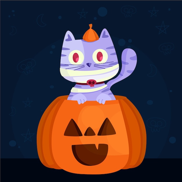 Platte ontwerp halloween kat met pompoen