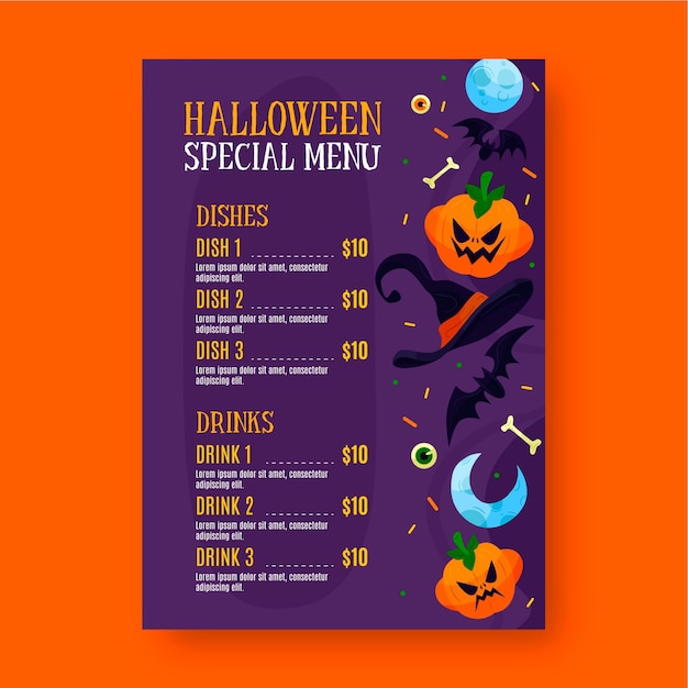 Gratis vector platte ontwerp halloween menusjabloon