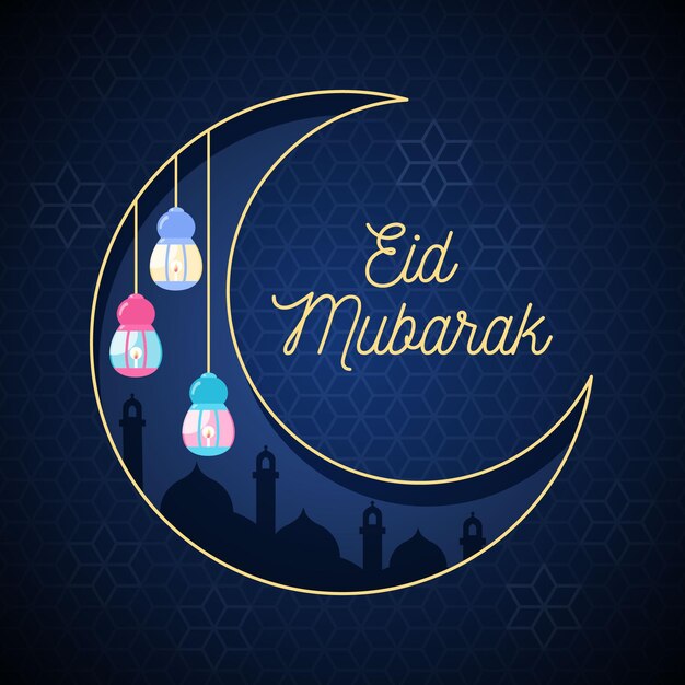 Platte ontwerp happy eid mubarak met lantaarns