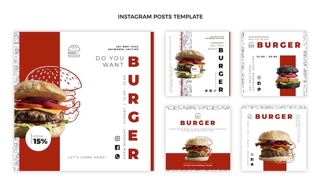 Gratis vector platte ontwerp heerlijke hamburger instagram-berichten