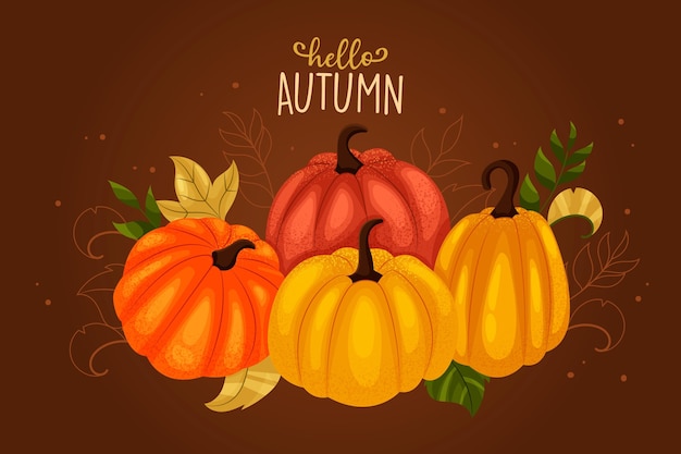 Gratis vector platte ontwerp herfst achtergrond met pompoenen