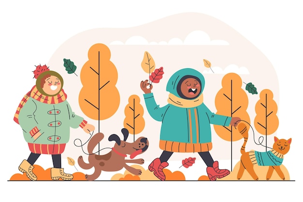 Gratis vector platte ontwerp herfst kinderen en huisdieren