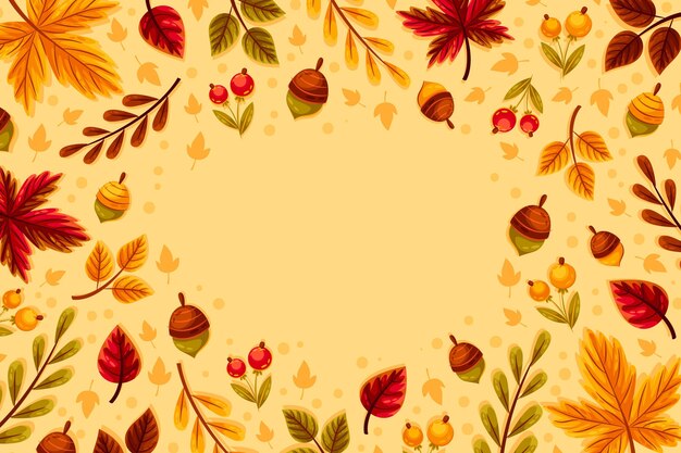 Platte ontwerp herfstbladeren achtergrond met eikels