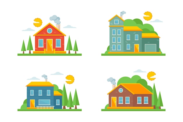 Platte ontwerp huis illustraties pack