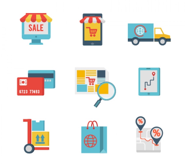 Gratis vector platte ontwerp iconen van e-commerce en internet winkelen