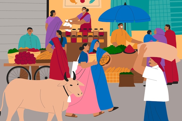 Platte ontwerp india markt illustratie