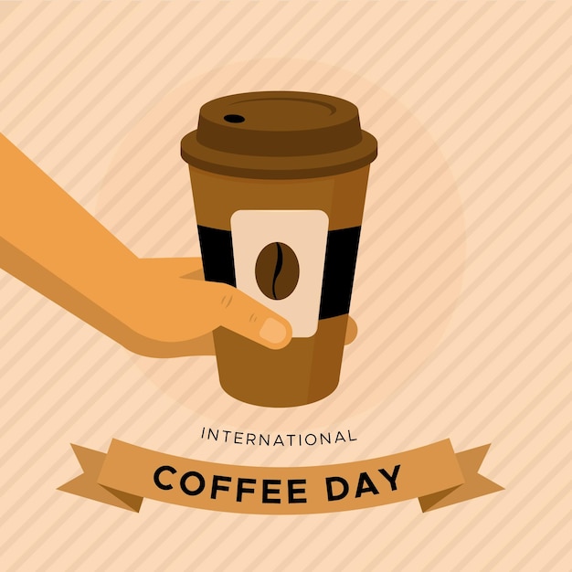 Gratis vector platte ontwerp internationale dag van koffie met beker om te gaan