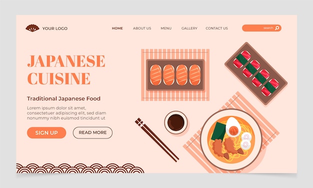 Gratis vector platte ontwerp japanse restaurant bestemmingspagina