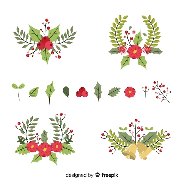Gratis vector platte ontwerp kerst bloem & krans collectie