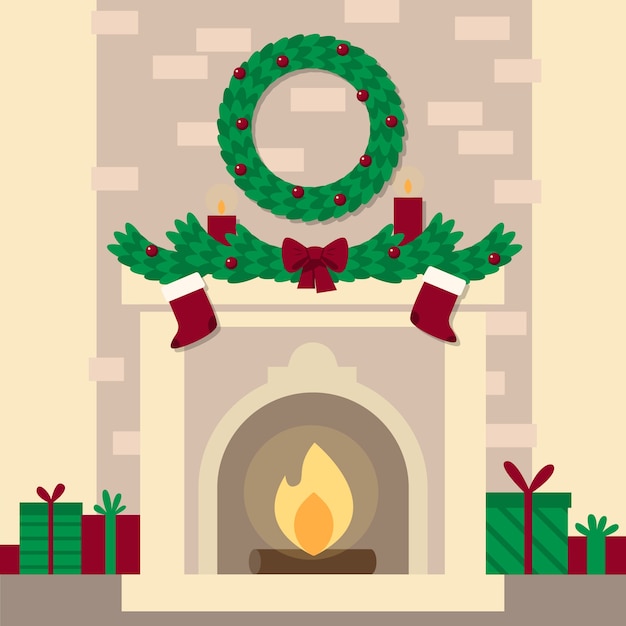 Gratis vector platte ontwerp kerst open haard scène