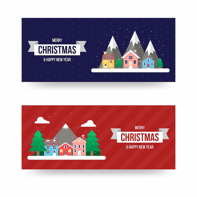 Platte ontwerp kerst stad banners sjabloon